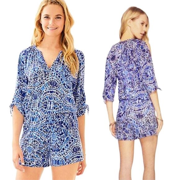 Lilly Pulitzer Cobalt Blue Bryce Bright Navy Taverna Tile Allover Romper Siz XXS - Picture 1 of 11